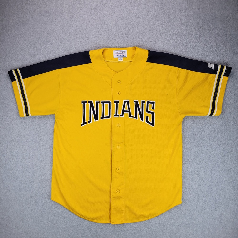 Starter Baseball Jersey Mens Large Yellow Cleveland Indians Mesh Button Front